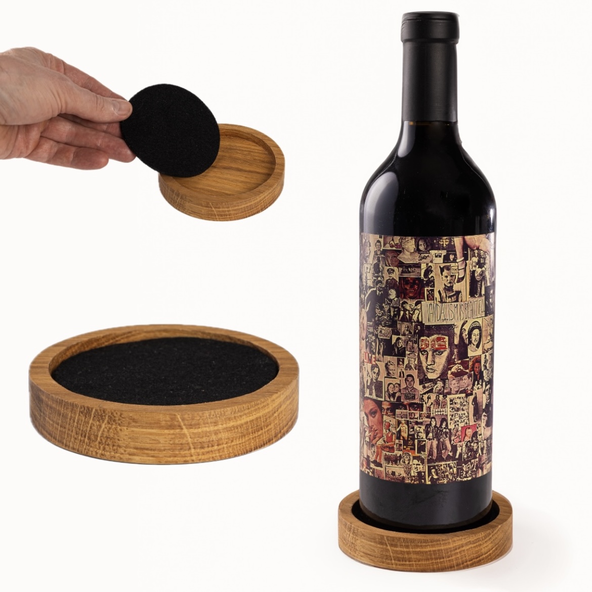 Eikenhouten wijnfleshouder met zwart vilten inleg – Oak wine bottle holder with black felt inlay